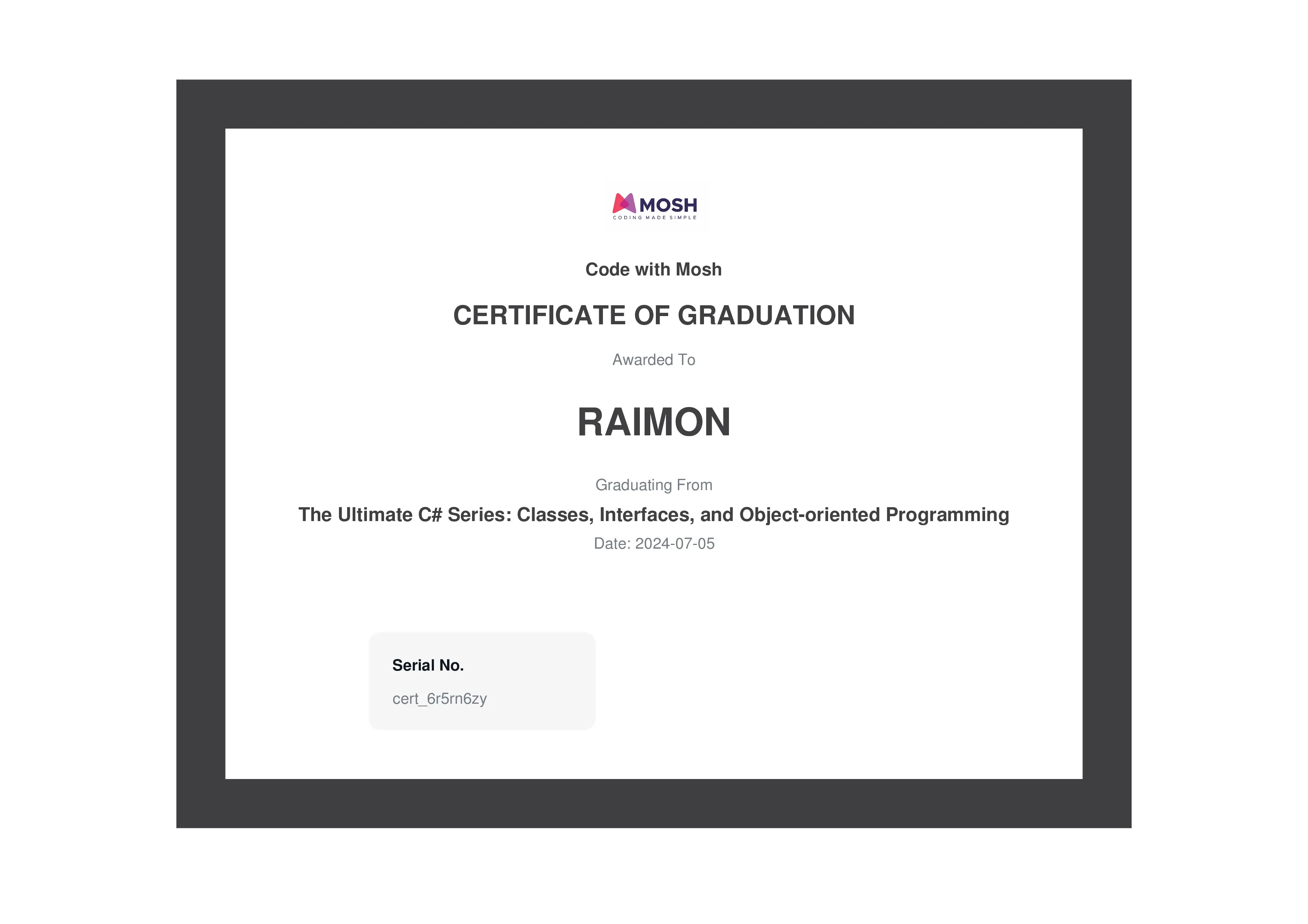 My C# Intermediate certificate
