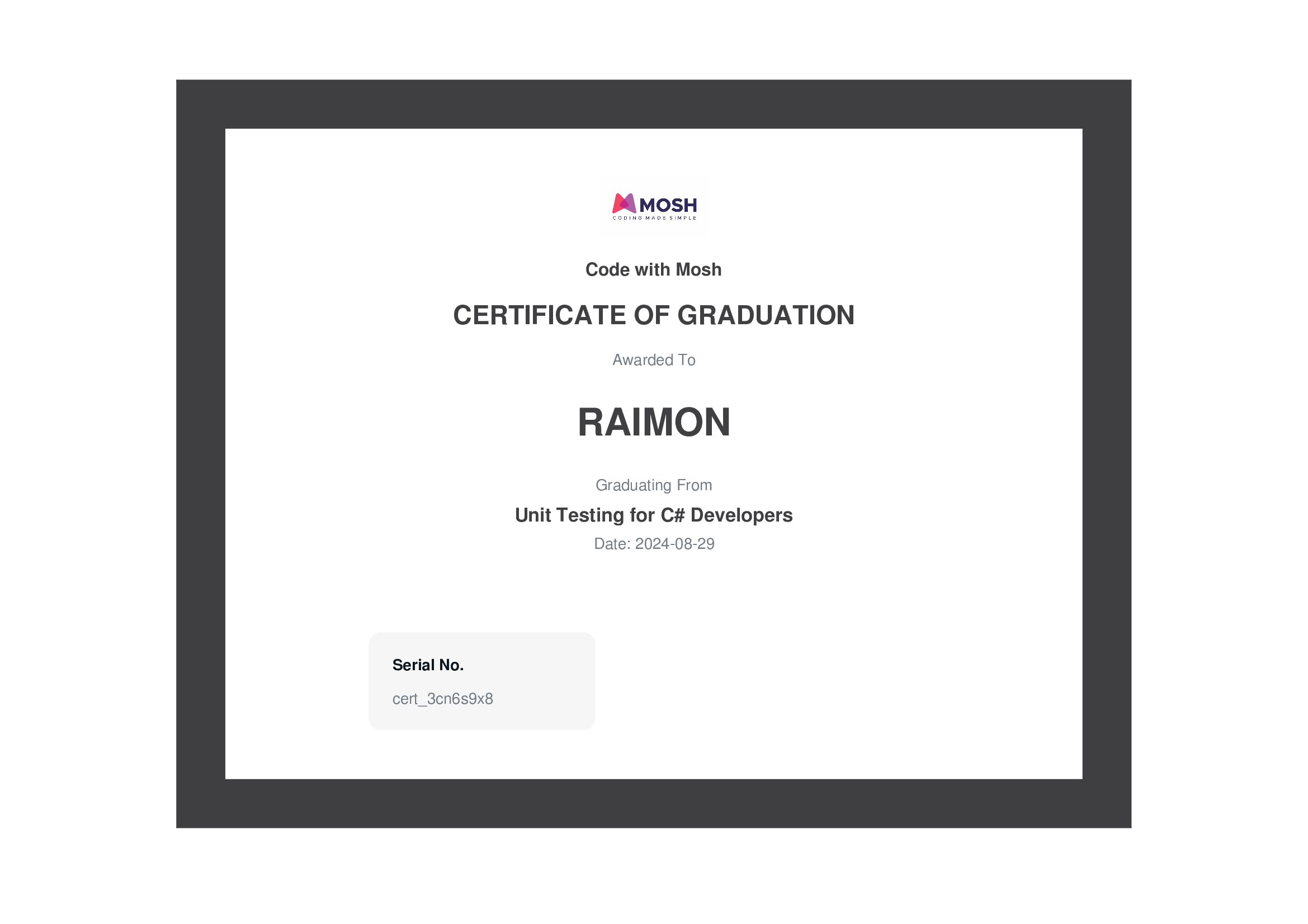 My C# Unit Testing certificate