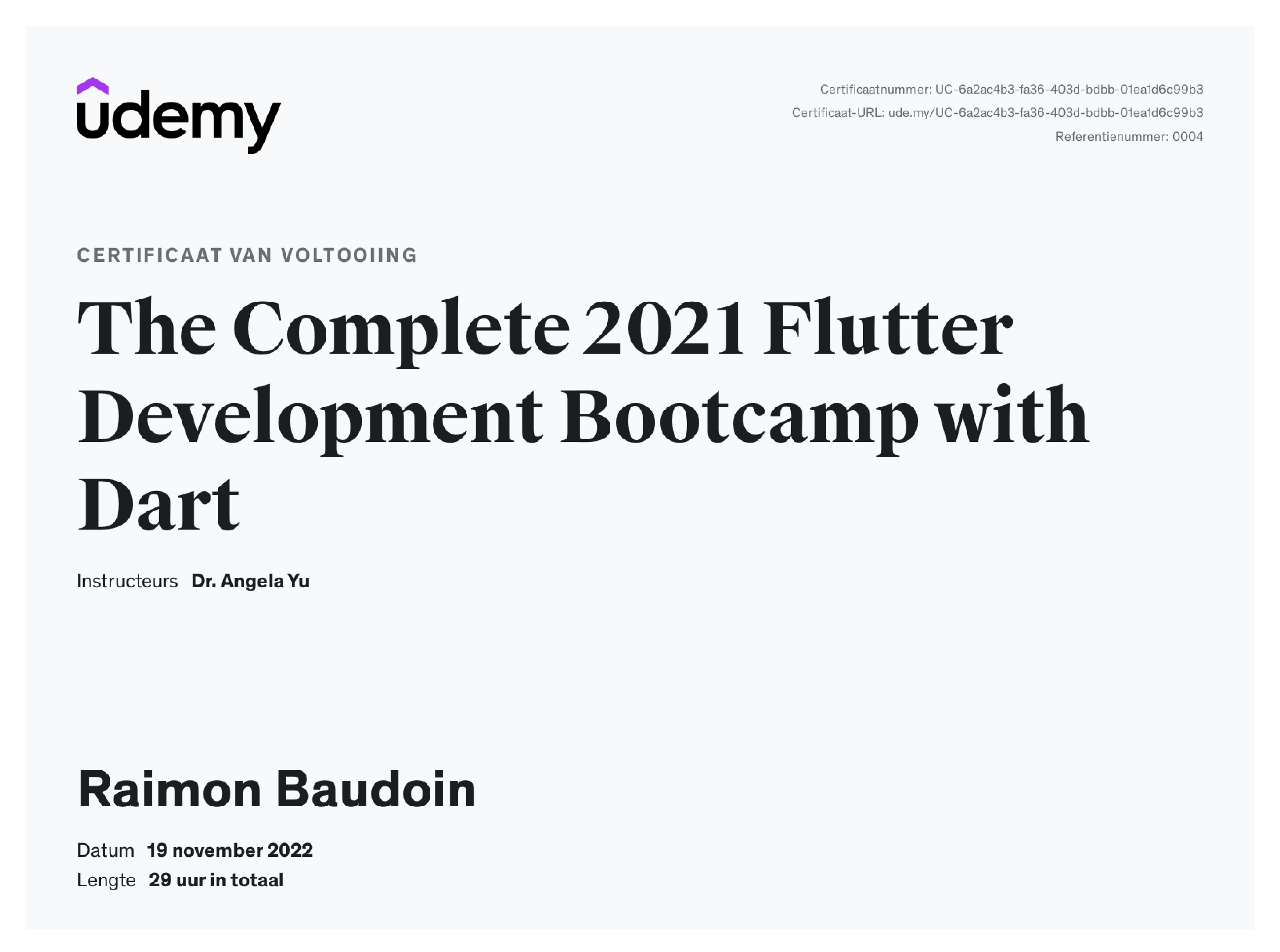 Flutter Development Bootcamp with Dart certificate
