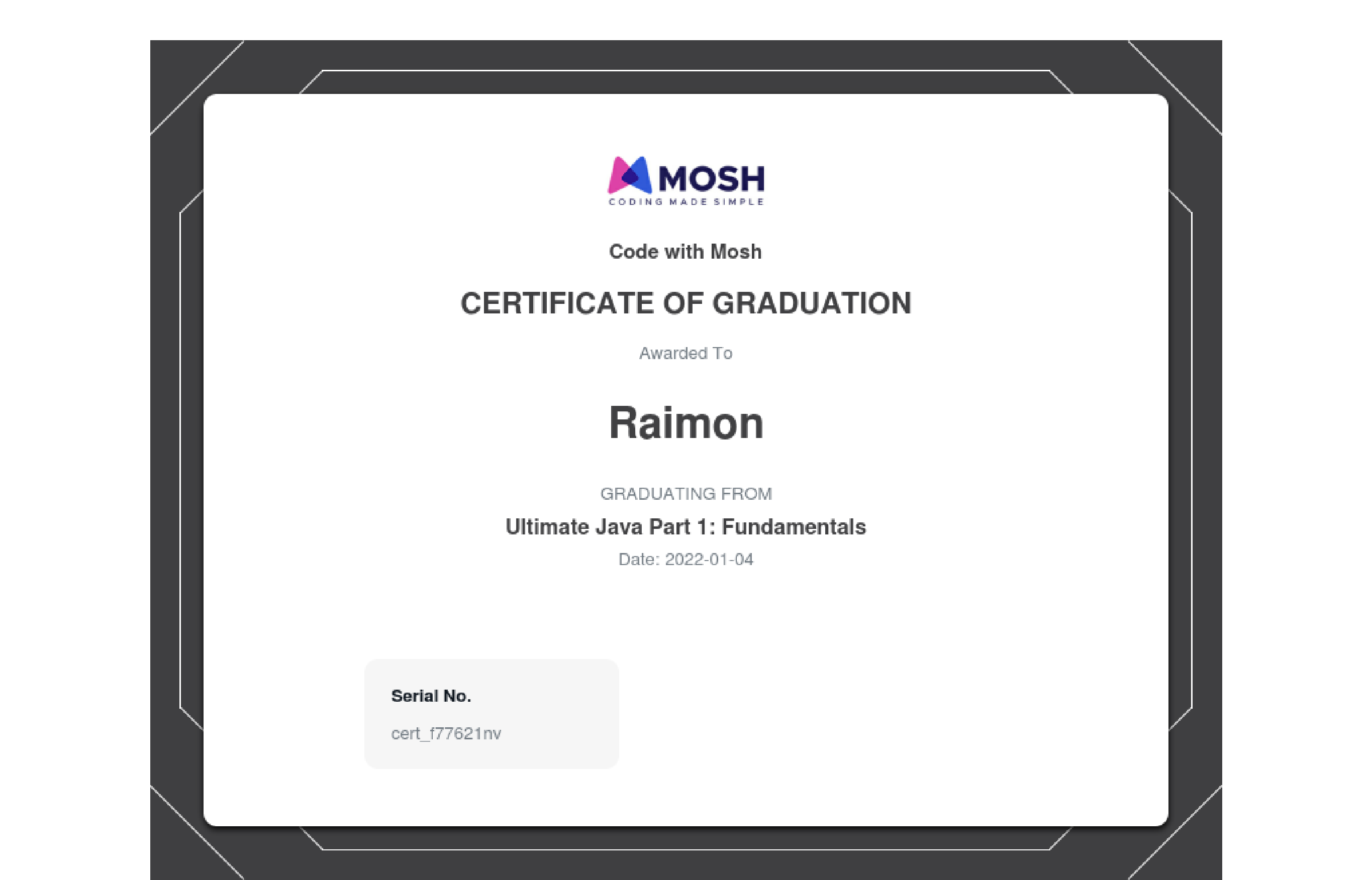 My Java 1 certificate