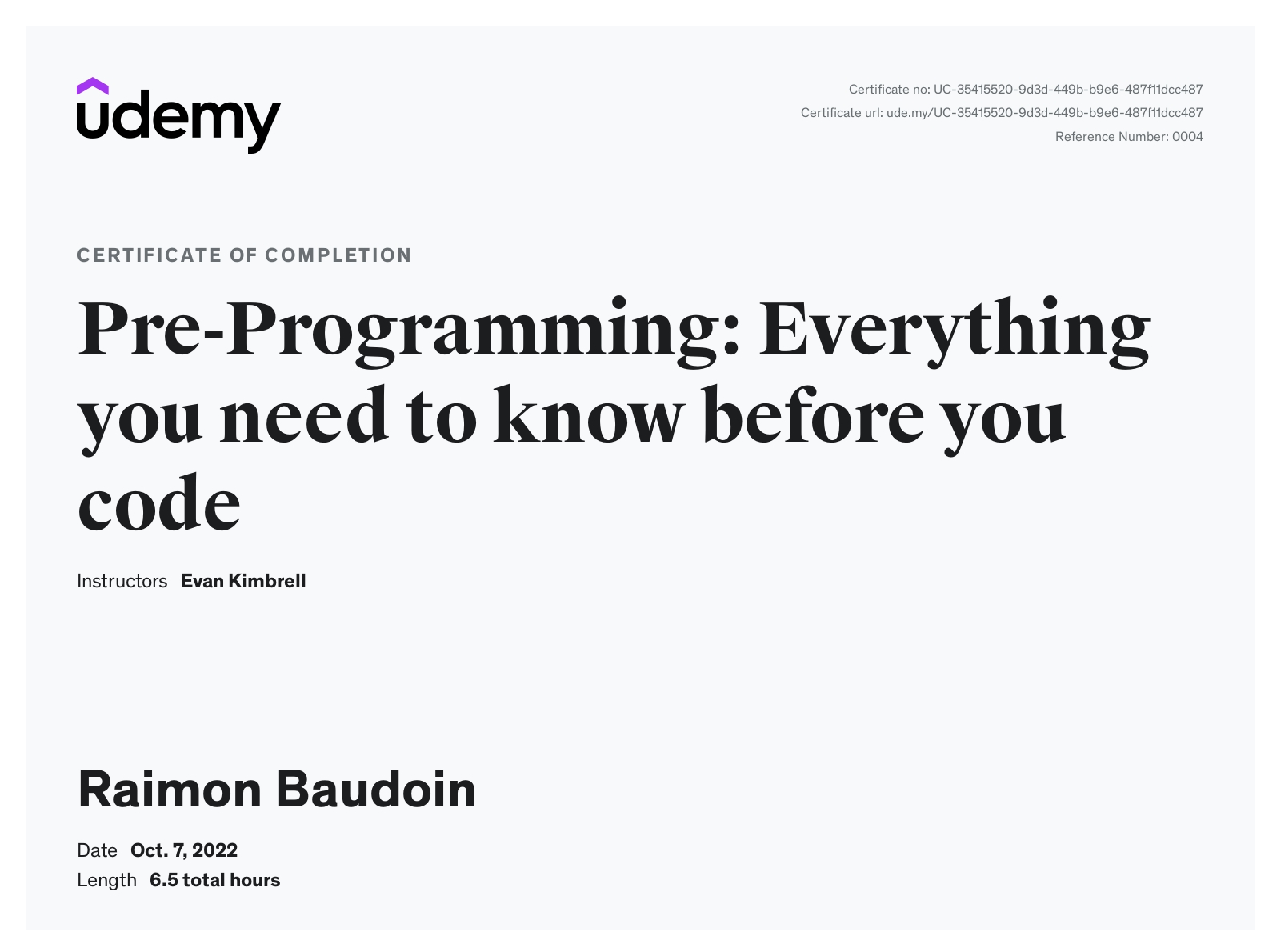 My Pre-Programming certificate