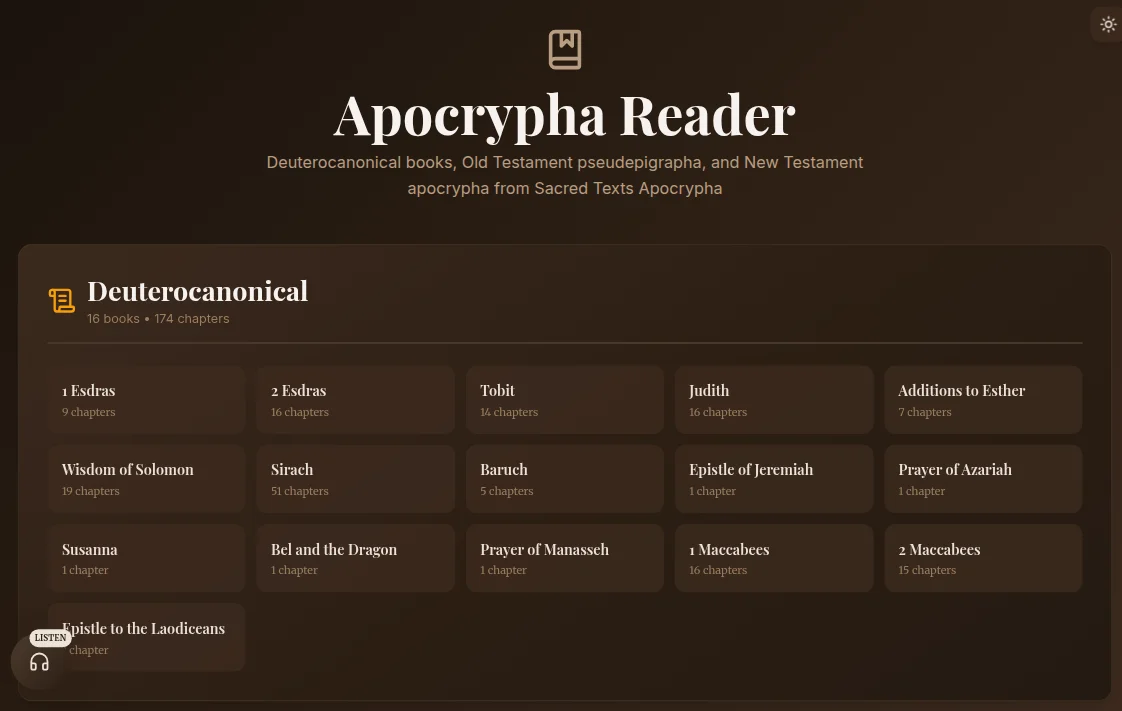 Apocrypha Reader showing deuterocanonical books and chapter counts