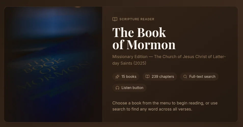 Book of Mormon Reader with the missionary edition cover and chapter navigation