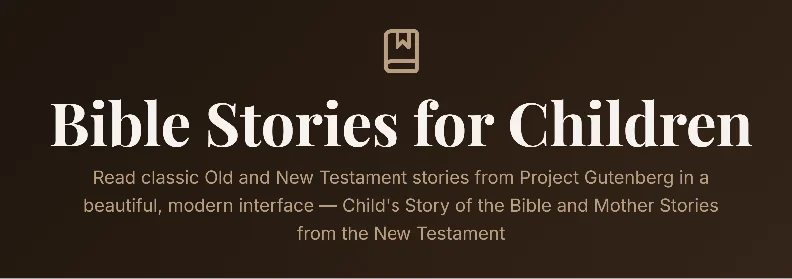 Bible Stories for Children hero with book icon and Project Gutenberg story collections