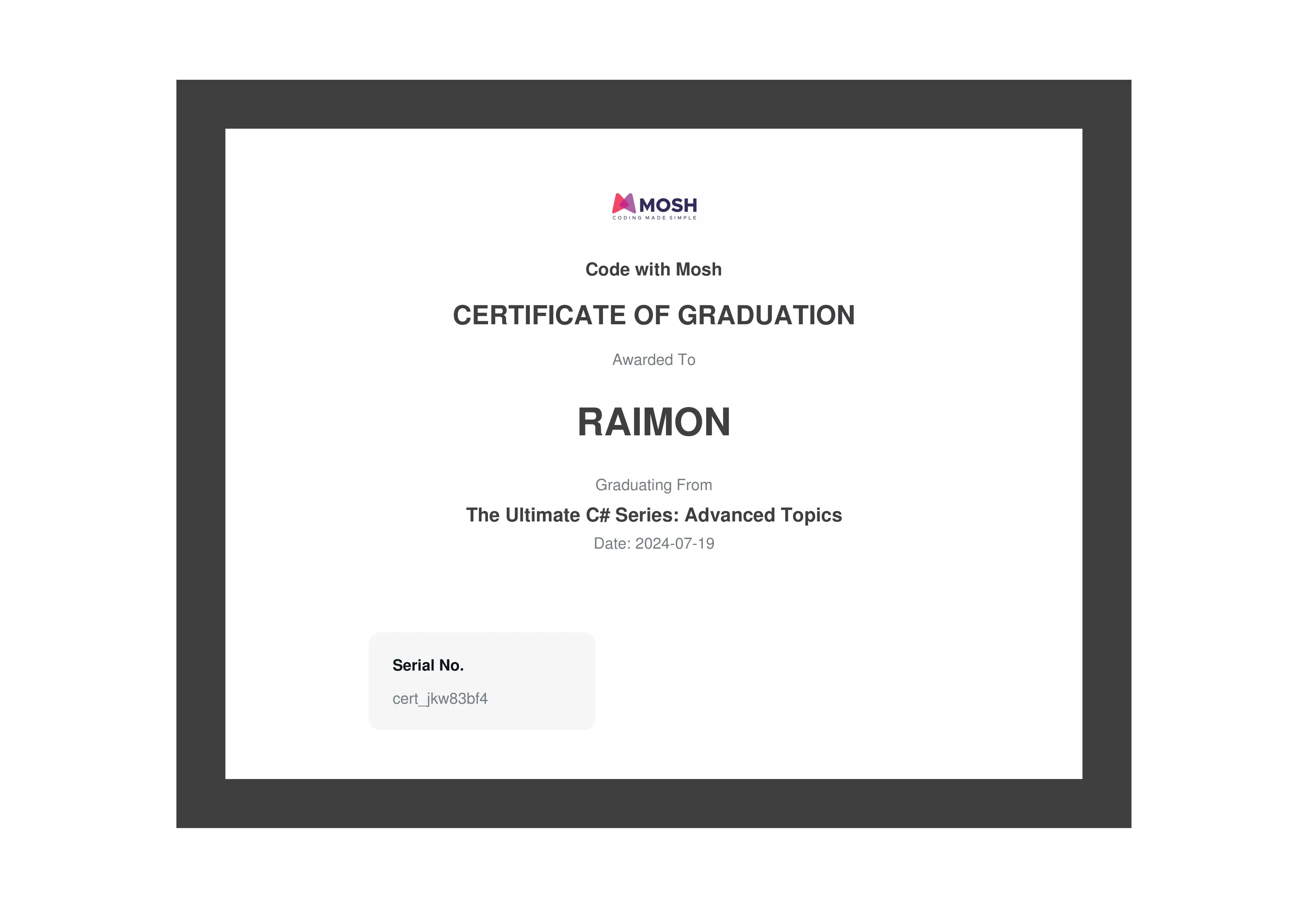My C# Advanced certificate