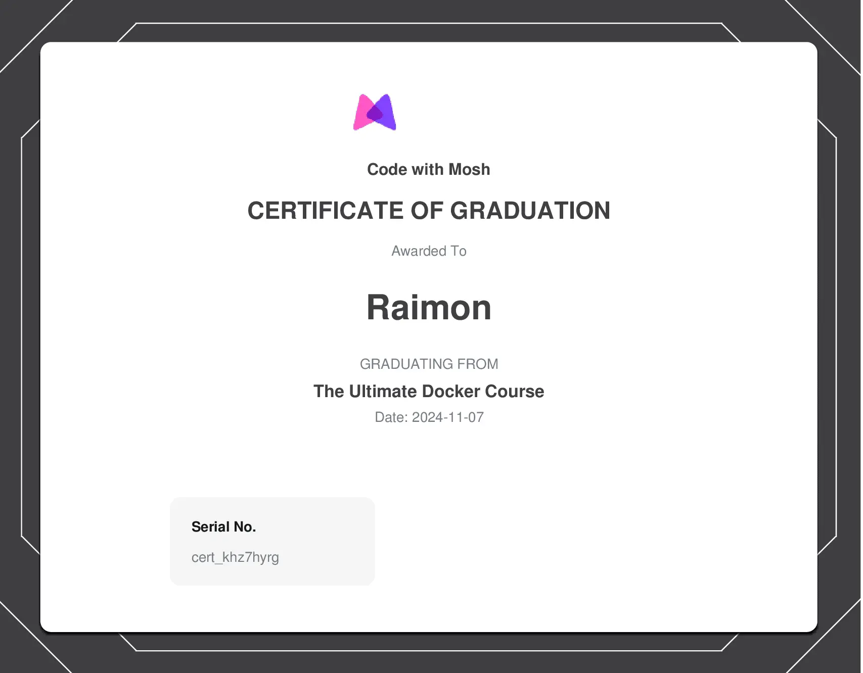 My Docker certificate from Code with Mosh