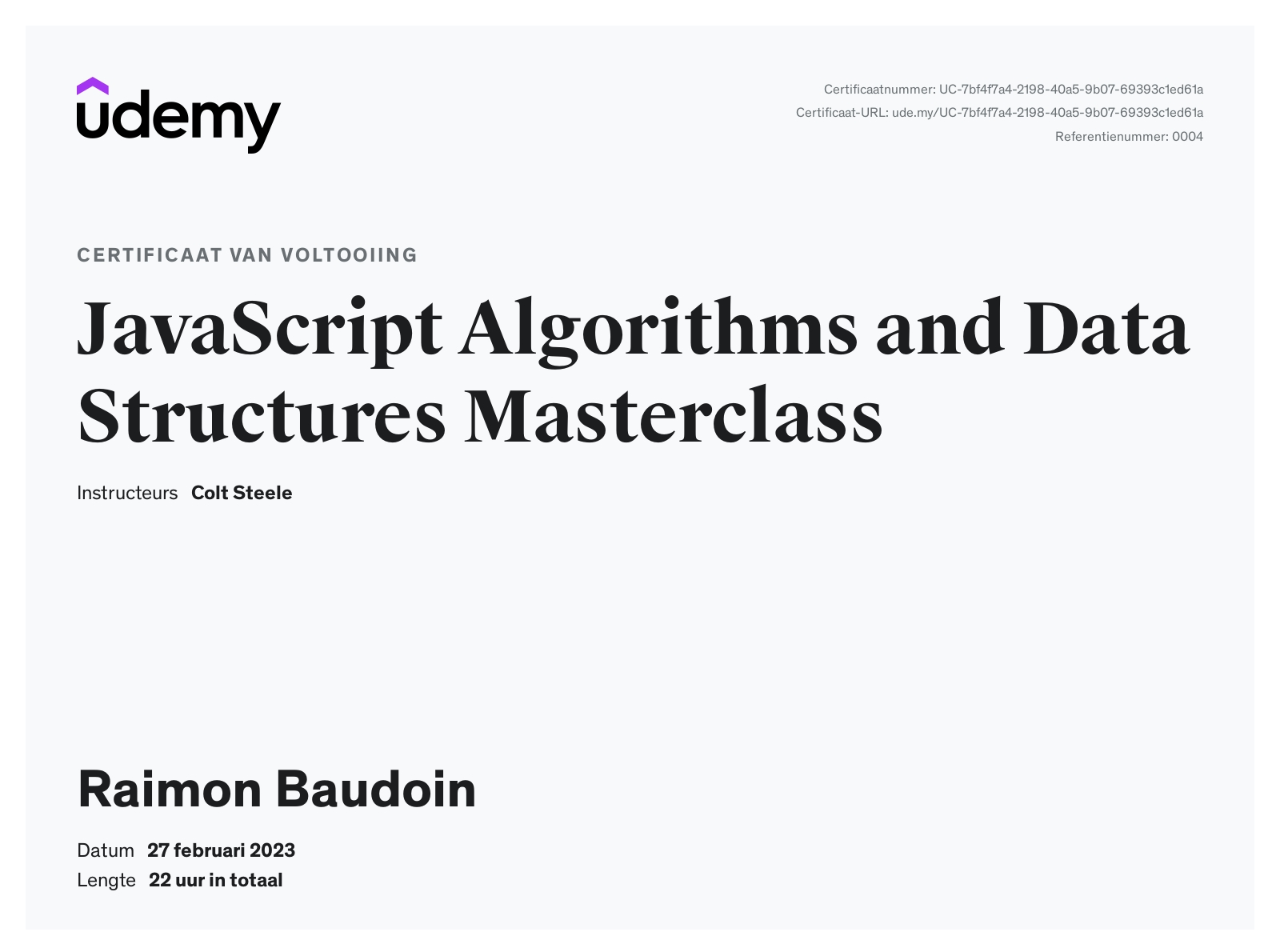 My certificate in Data Structures and Algorithms