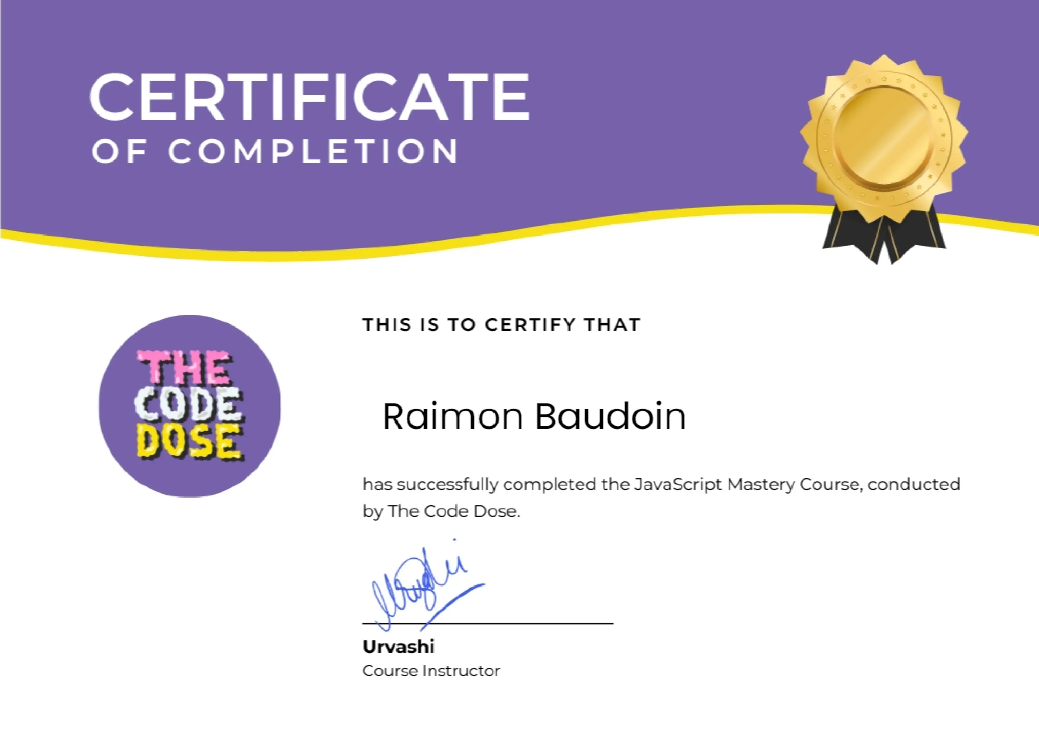 My JavaScript Mastery certificate