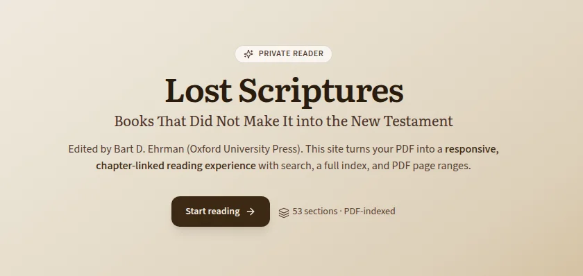 Lost Scriptures reader hero with Start reading call to action