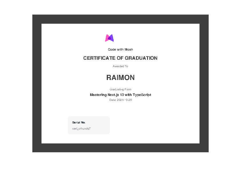 My certificate for mastering Next.js 13 with TypeScript