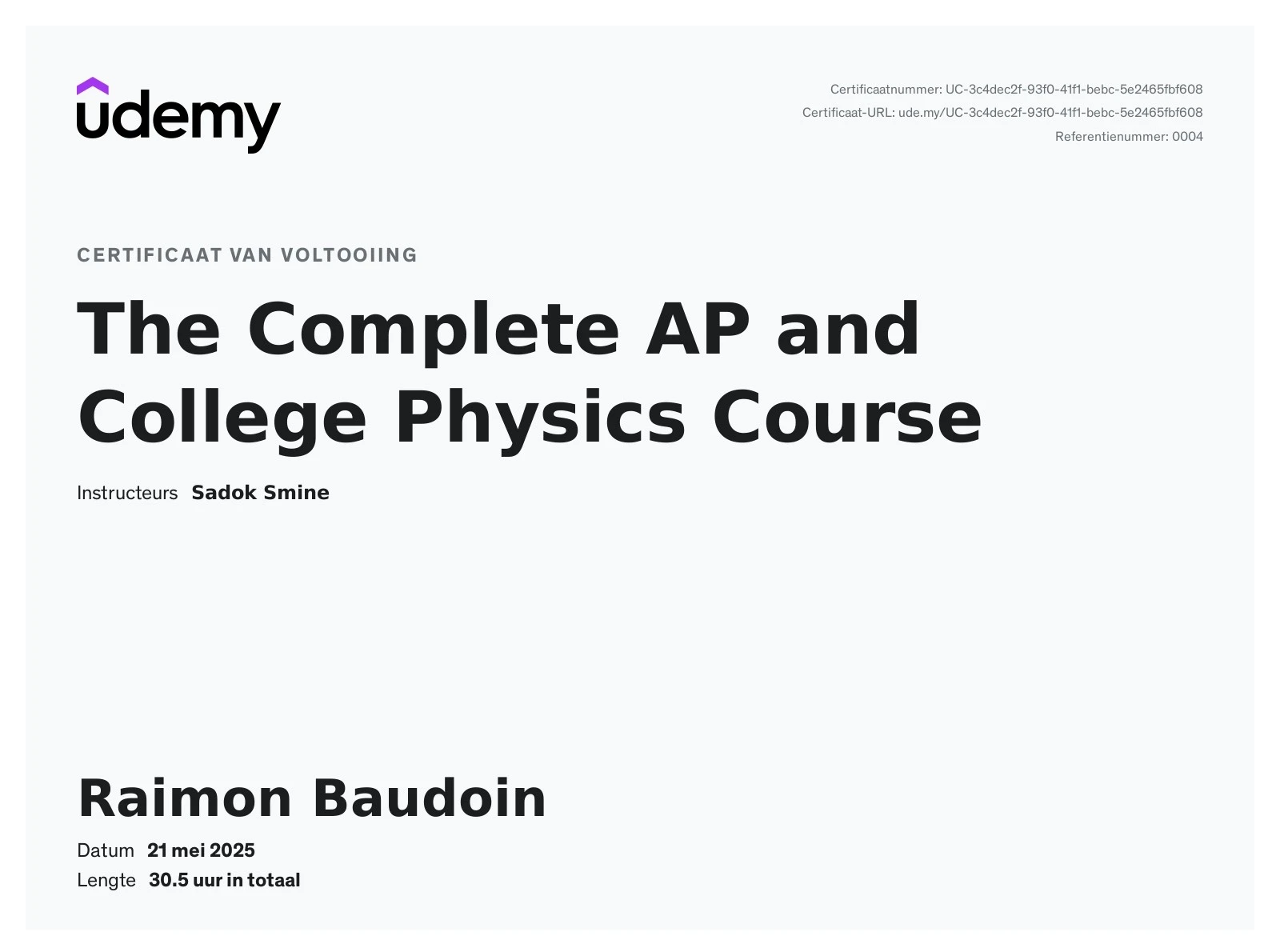 My AP Physics certificate from Udemy