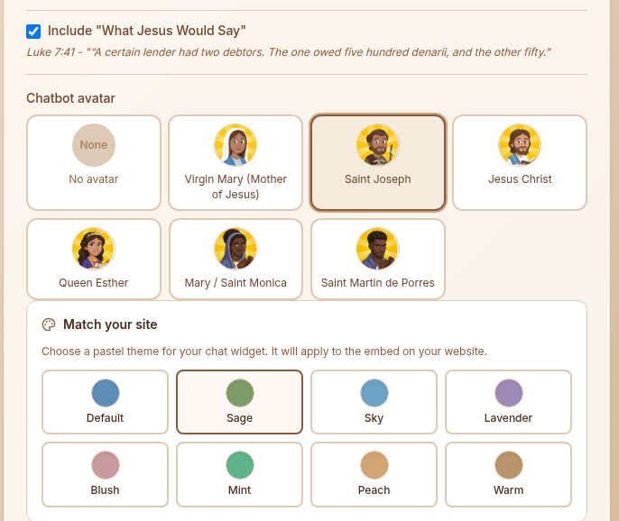 A serene Christian AI chatbot interface with biblical elements